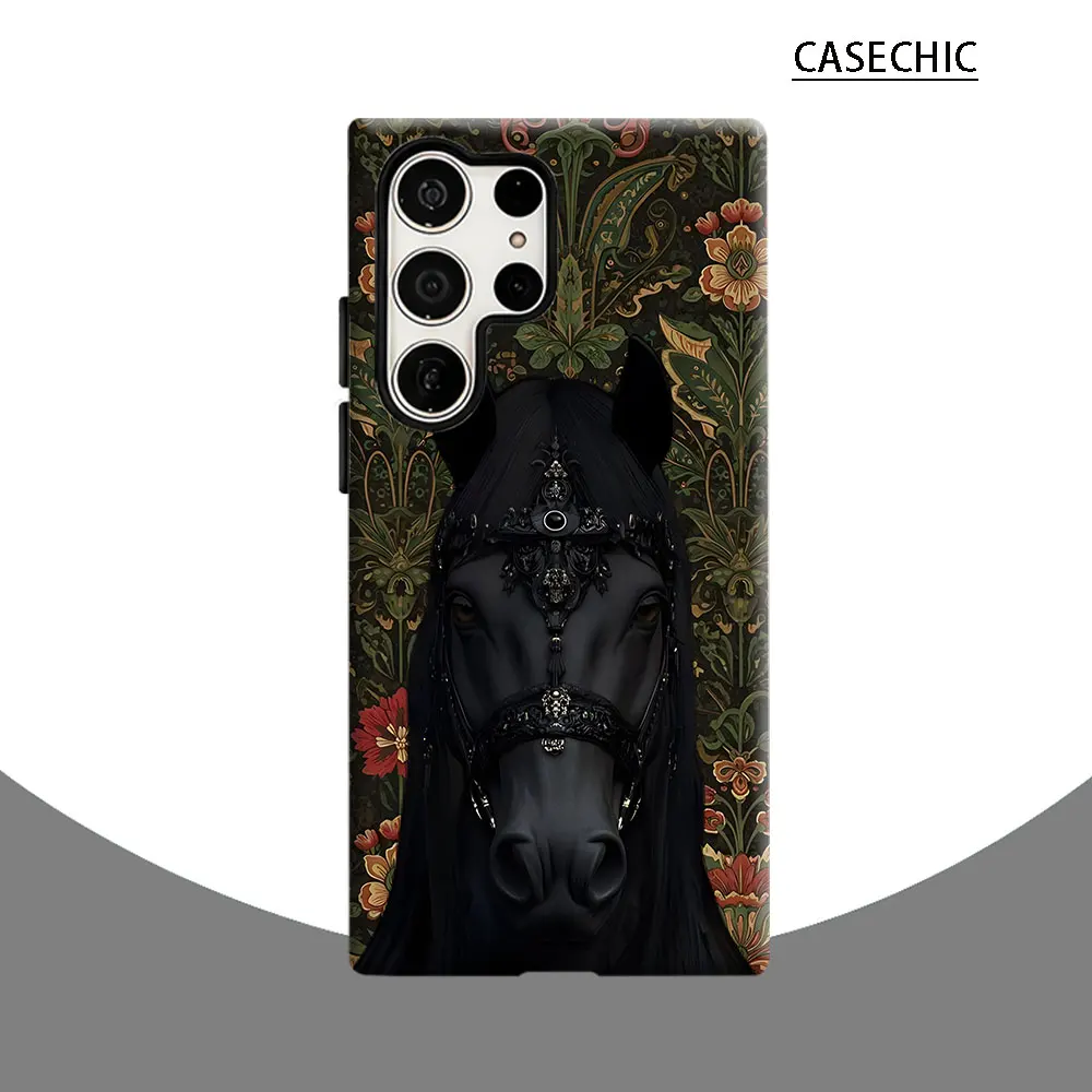 Ornate Black Horse-s Phone Case for Samsung Galaxy S26 S25 Ultra S24 S23 Ultra Plus Shockproof Double layer tough Back Cover
