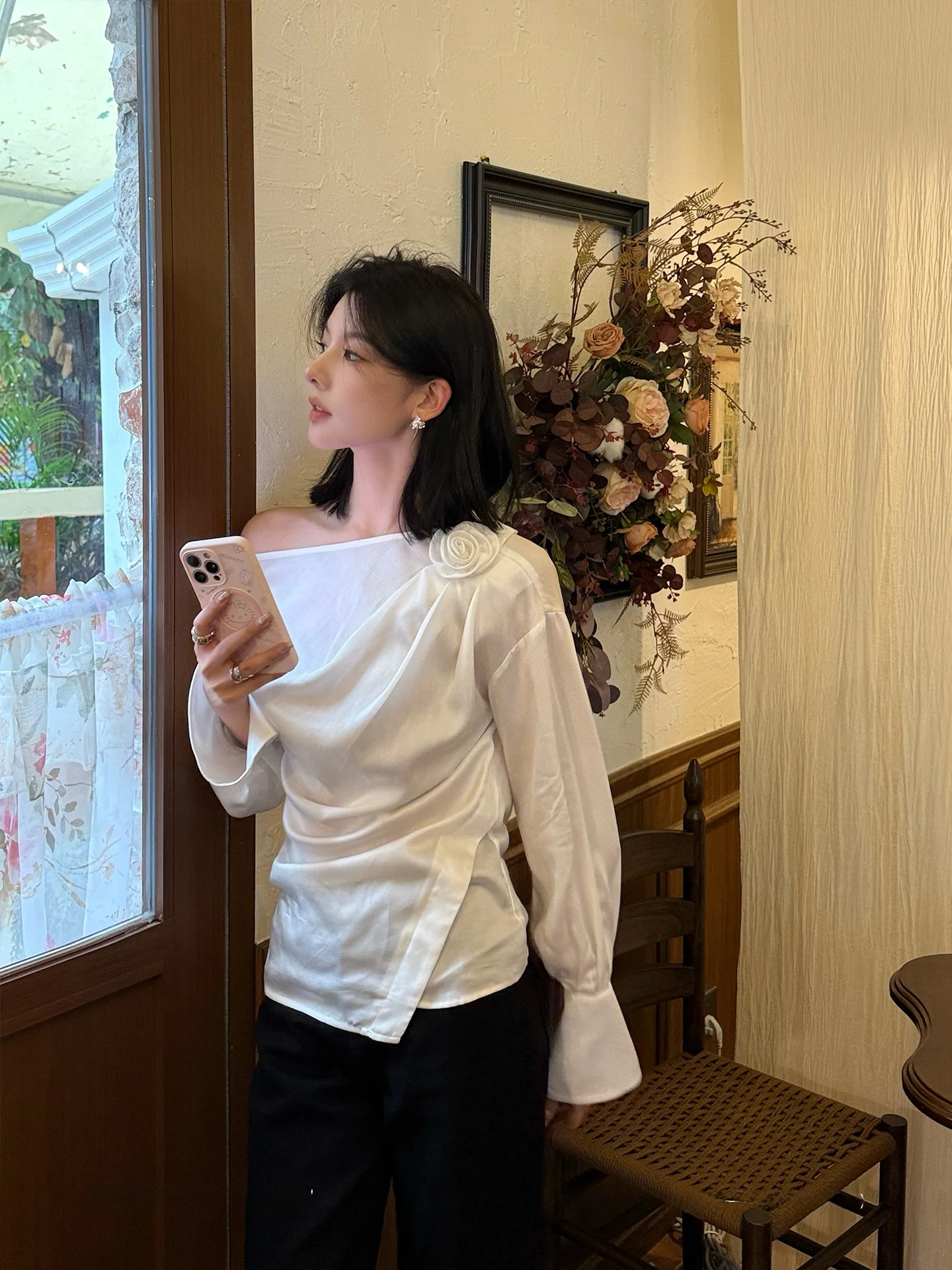 

White Asymmetrical Shoulder Shirt Women's Style French Fashion Fit Short Sleeve Casual Daily Wear Non-Stretch Fabric Shirt