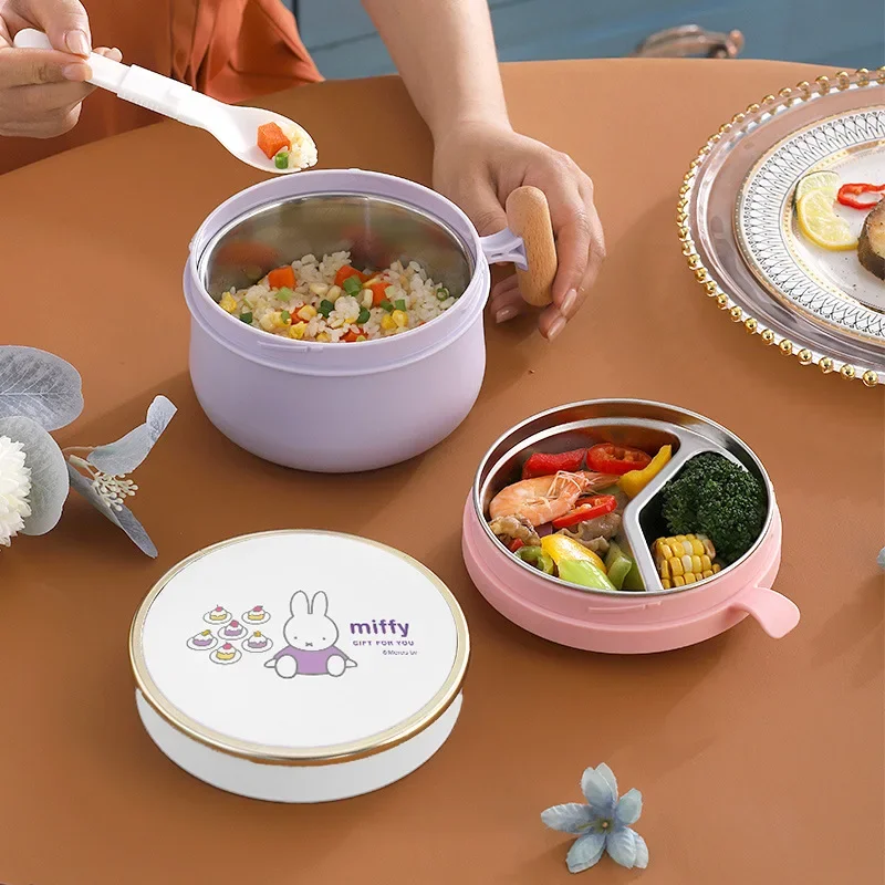 Kawaii Miffy Stainless Steel Double Bowl Dining Hall Fast Food Cup Portable Water Heating Lunch Box Lunch Box Christmas Gift Toy