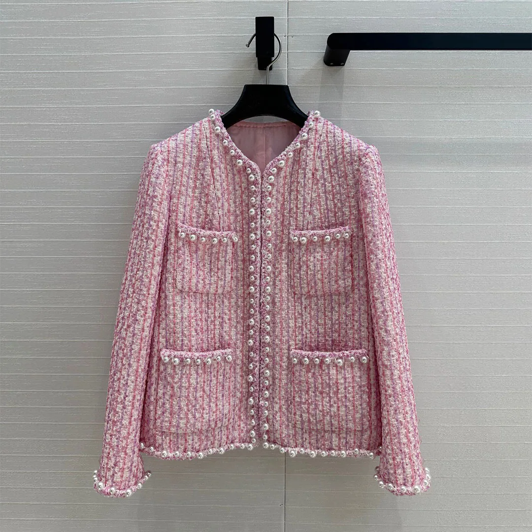 

Pure Handmade Stitching 100% Silk Liner Luxury Pink Plaid Woven Vintage Tweed Coat Women Pearls Pockets Long Sleeve Sweet Jacket