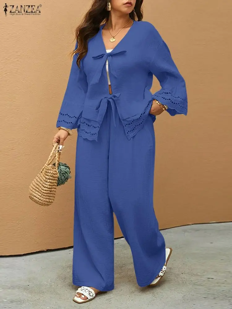 ชุดวอร์มฤดูใบไม้ร่วง 2025 ZANZEA ชุดเซ็ต 2 ชิ้นสำหรับผู้หญิง ดีไซน์หรูหรา เสื้อคอวีแขนยาว กางเกงขายาว แต่งผ้าลูกไม้ เสื้อคลุมคาร์ดิแกน กางเกงขายาว