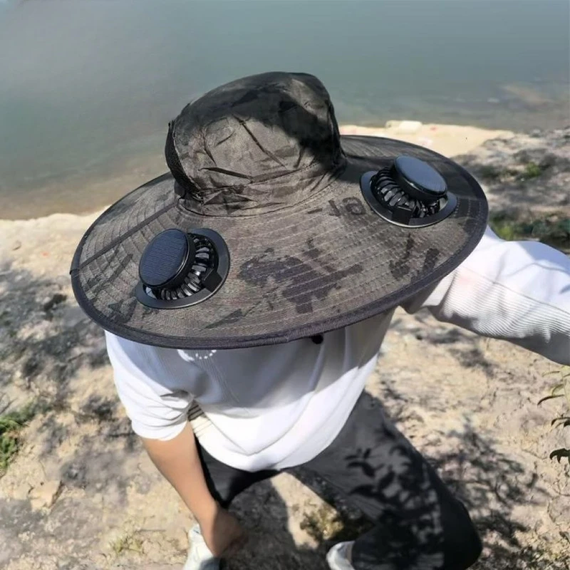 

2025Cross-border solar fan big hat hat men outdoor sun protection hat summer sun hat mountaineering fisherman hat