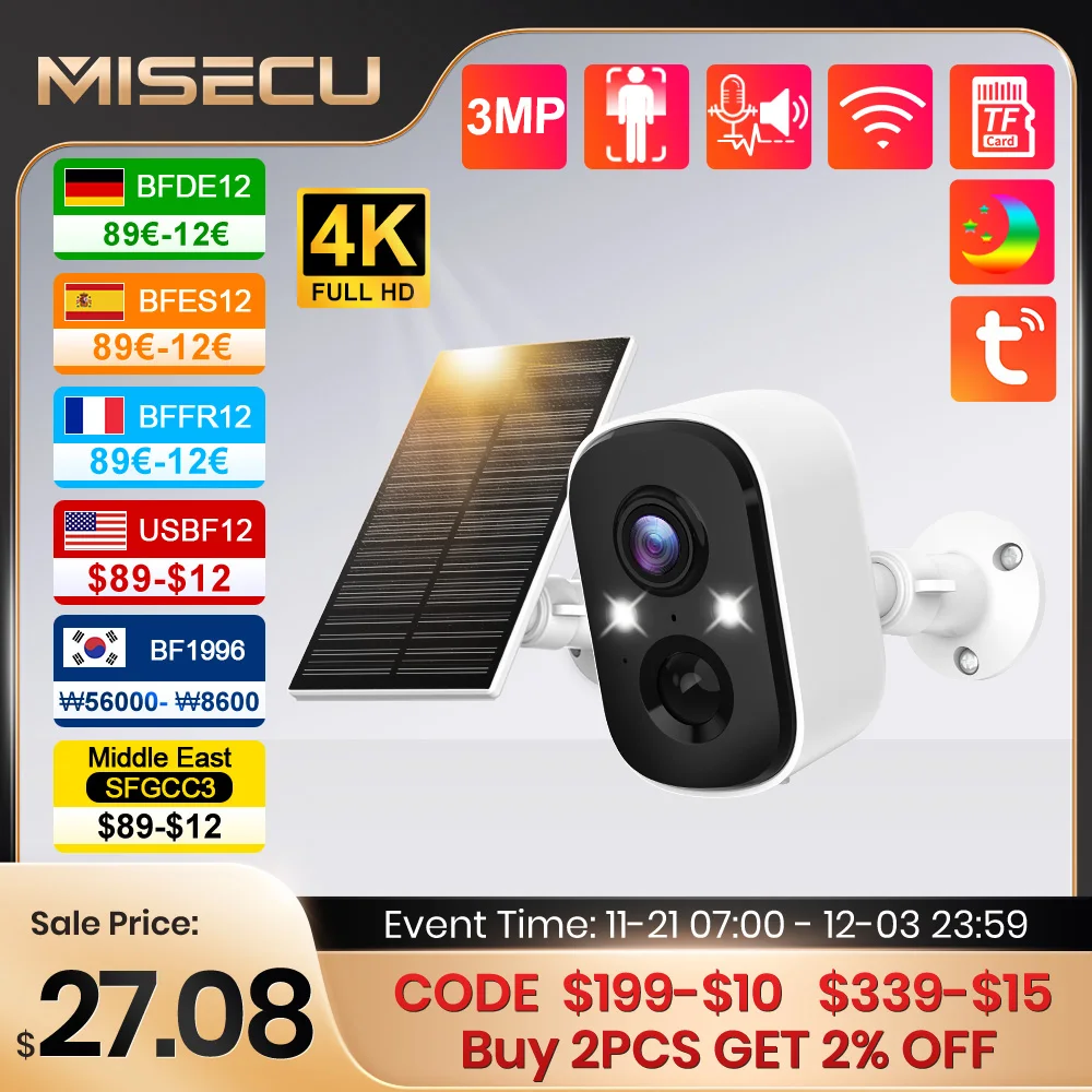 MISECU Tuya 3MP Security Battery Camera with Solar Panel Two-way Audio Wireless Outdoor Full Color Night Vision Surveillance P2P