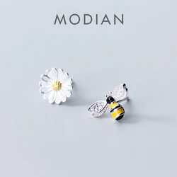 Modian New Arrival 100% 925 Sterling Silver Enamel Cute Bee & Flower Stud Earrings Fashion Insect Accessories For Women Jewelry