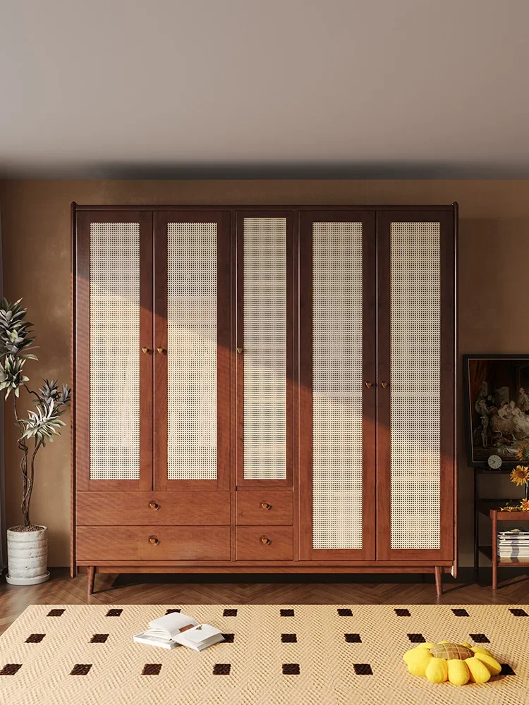 

Nordic solid wood wardrobe modern simple home bedroom wabi sabi retro rattan wardrobe 2345 wardrobe