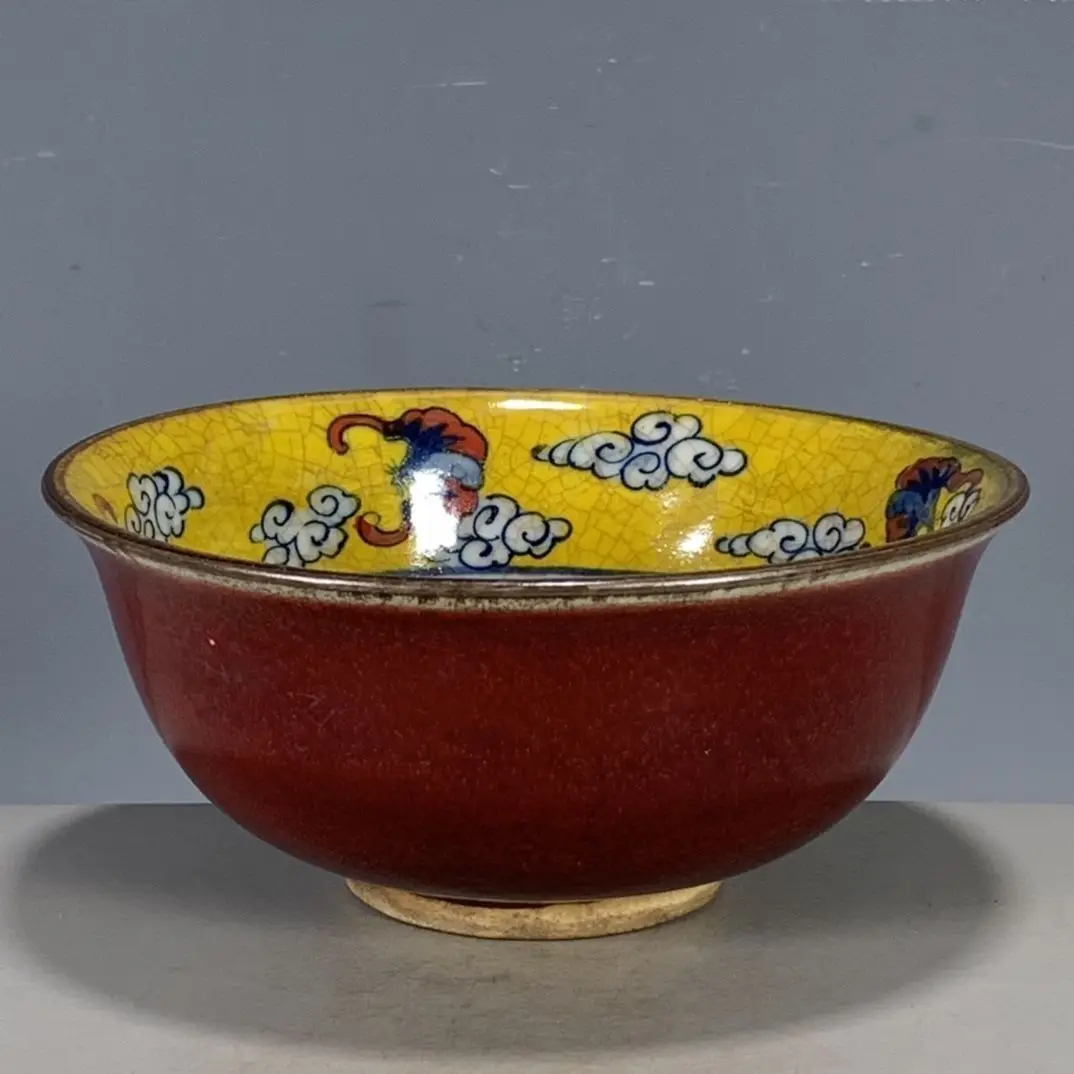 Daqing Kangxi Mark Crackle Glaze Red Base Yellow Ground Wucai Dragon Pattern Porcelain Bowl Collectible Cultural Ceramic Bowl