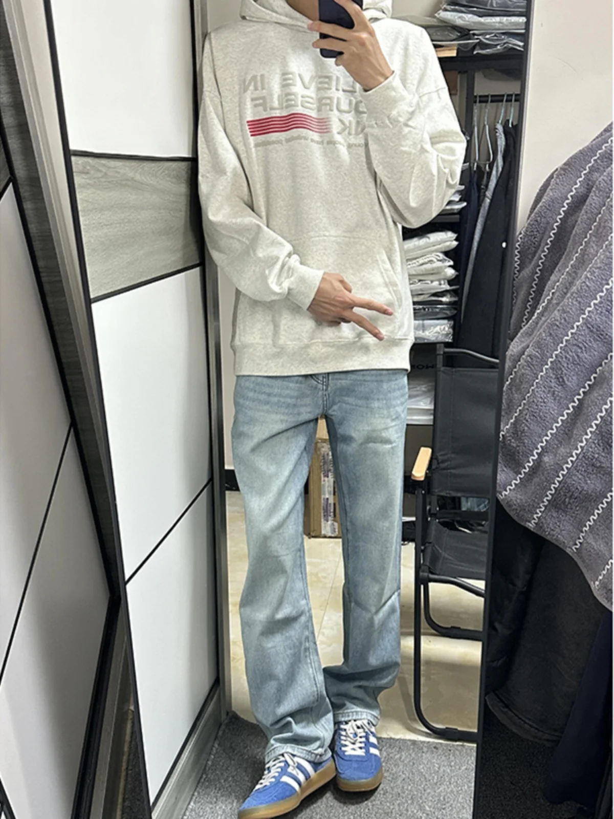 

Light Blue Straight Leg Men's Jeans OOTD Long Leg Effect American High Street Slimming Micro Flared Knife Jeans