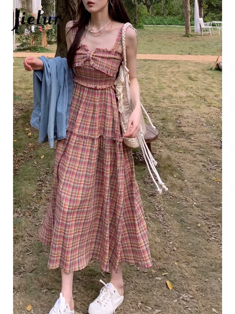

Jielur Vintage Plaid Slip Chiffon Dress Women Summer New Korean Fashion Vintage Lady Dress Green High Waist Pleated Long Dresses