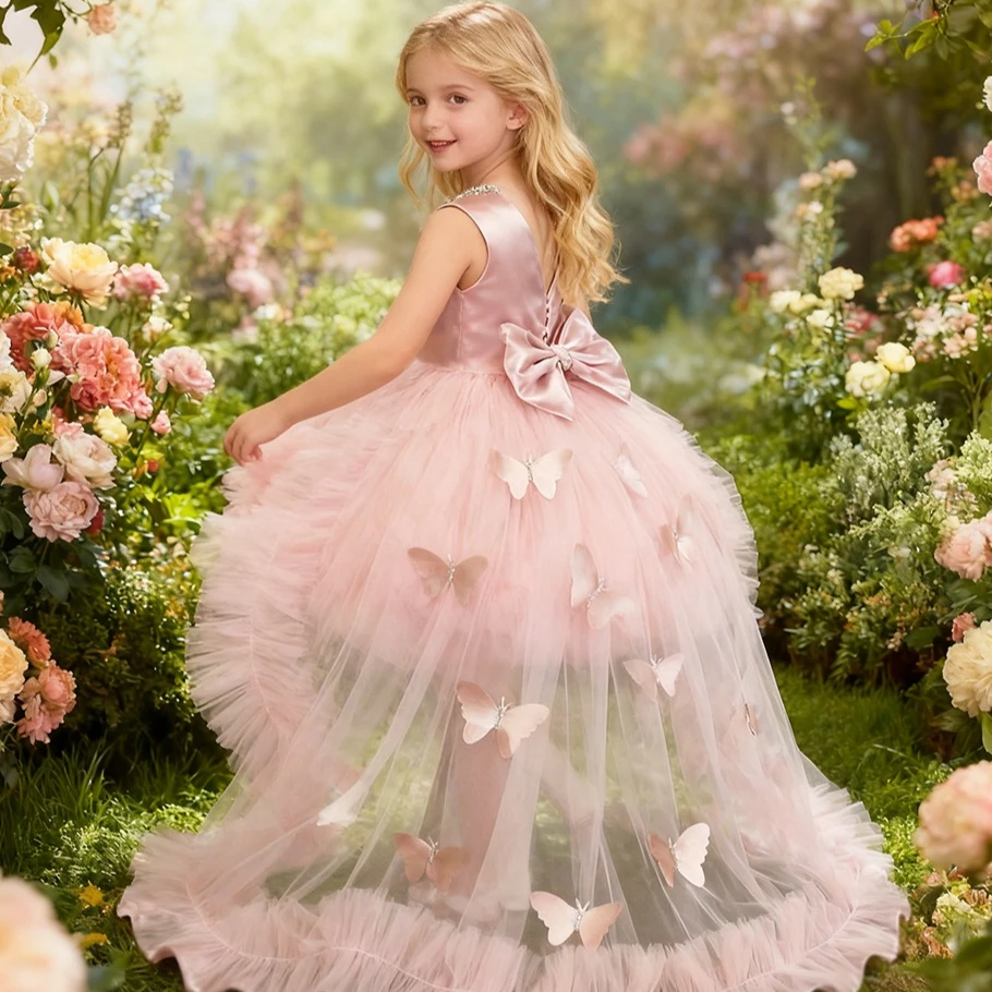 Vestido floral personalizado para meninas, design rosa com laço nas costas e tecido de cetim elegante, estilo sem costas para festa de casamento infantil