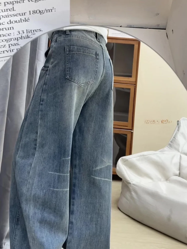 

Американские джинсы с высокой талией и широкими штанинами для женщин, весна 2025, новые свободные драпированные брюки в стиле casual, рабочая одежда, синий цвет, на все сезоны