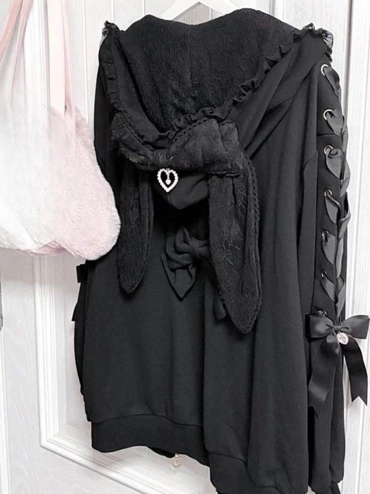 

Худи в стиле Y2K с капюшоном и ушками кролика, свободного кроя, на молнии, в японском винтажном стиле, с кружевными вставками, для женщин, в стиле Harajuku Grunge