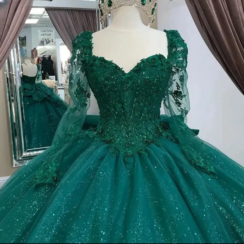 Custom Made Emerald Green Long Sleeve Quinceanera Dress Ball Gown Lace Sweet 16 15 Prom Birthday Party Wear Vestidos De XV Anos