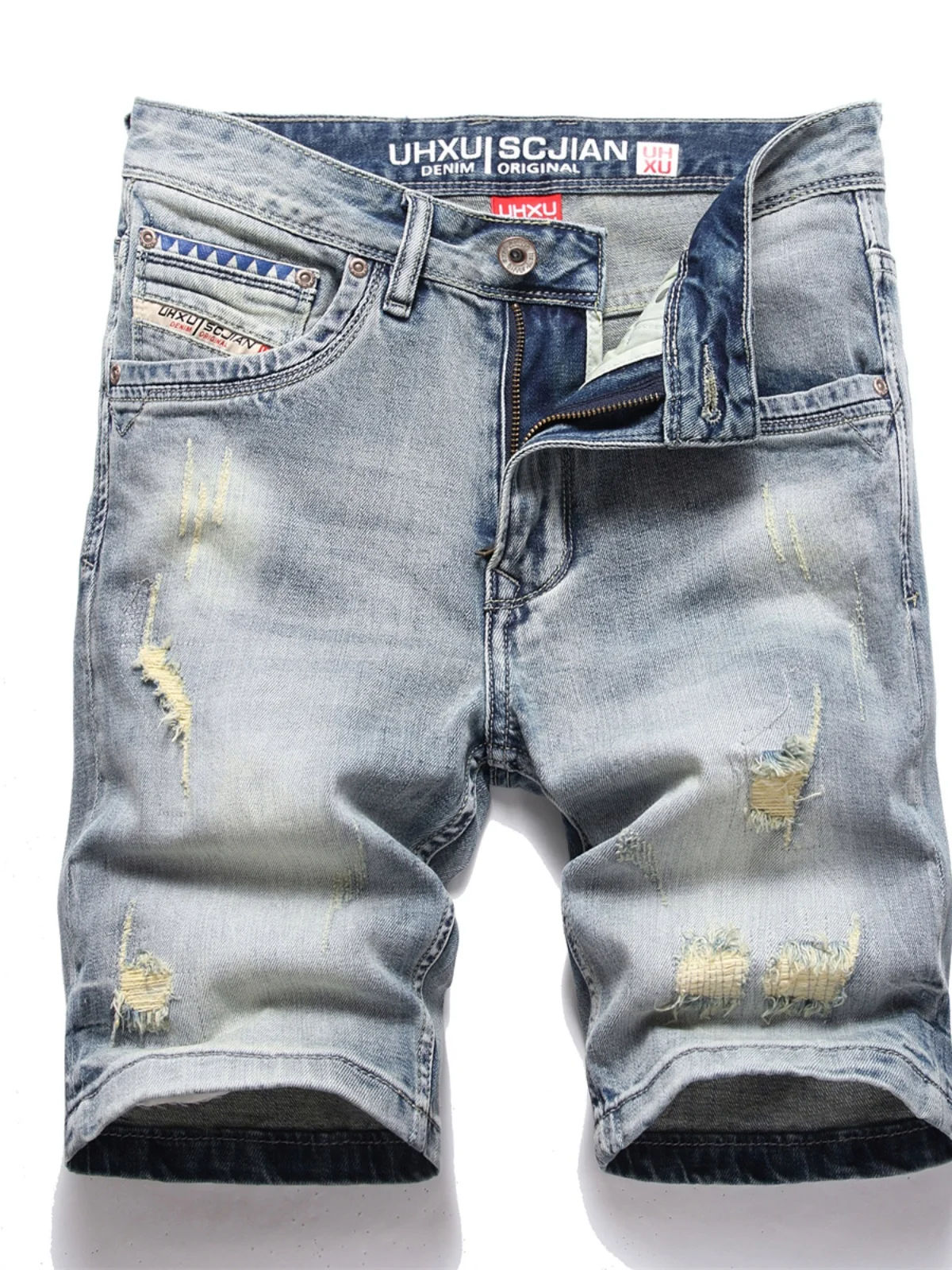 

High-End Vintage Ripped Denim orts Men's Faion Trendy Casual Five-Point Light Blue Worn-Middle Jeans Cotton Elastic Denim