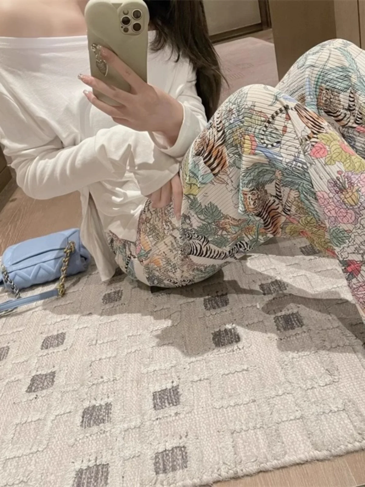 Ice Silk Tiger Pattern Wide Leg Pants Women\'s Summer Thin Home Sleepwear Straight Casual Cool Loose Fit Korean Style High Wai...