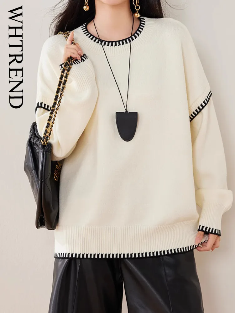 

WHTREND Color Block Round Neck Sweater Korean Style Simple Versatile Loose Style Knitted Pullover Autumn Winter WH1323