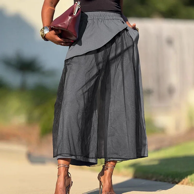 

Новые модные женские брюки-кюлоты 2026 года с эффектом двухслойности, из сетчатой ткани, с эластичным поясом