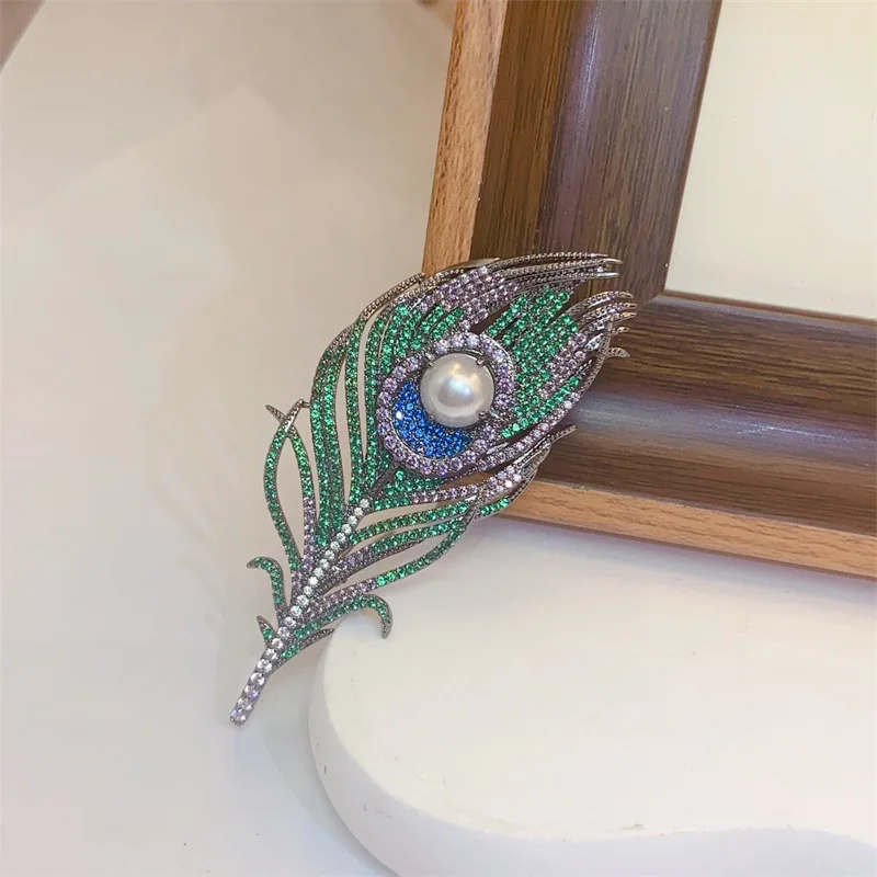 الملونة الطاووس ريشة خمر بروش حجر الراين مطعمة الرجال النساء دبابيس المجوهرات #4