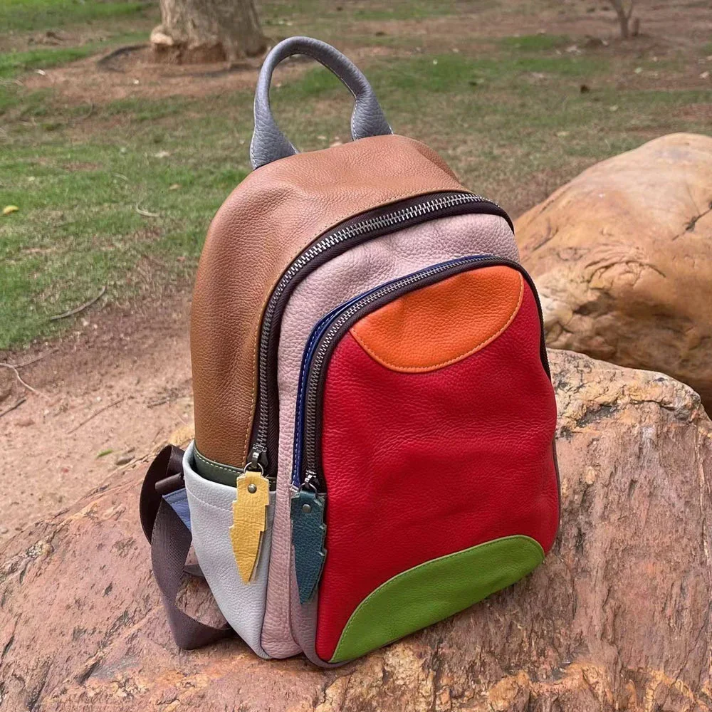 First Layer Cowhide Woman Backpack Splicing Contrasting Genuine Leather Travel Handbag Fashion Girl Colorful School Shoulder Bag
