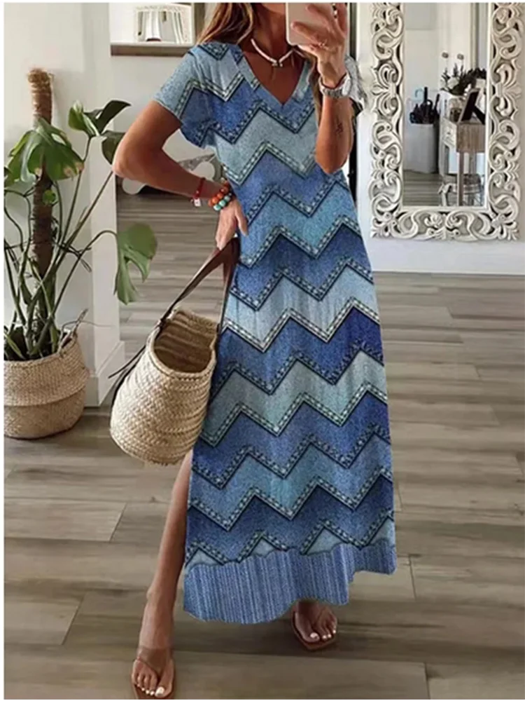 Trendy V-neck Printed Dress Women\'s Solid Color Pockets Casual Simple Beach Maxi Dresses