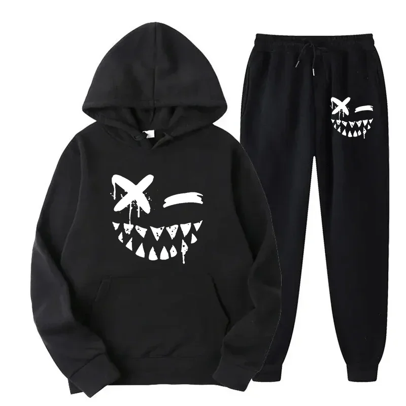 Evil Smile Printed Casual Sportswear Fashion Hoodie+Pants Suit Running Fitness Sportswear Autumn/Winter Men's and Women's Set