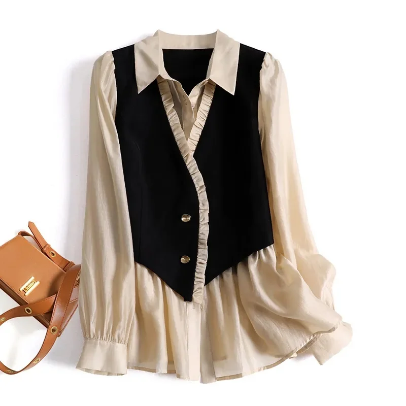 

2025 New Women's Fashion Spring Shirt Plus Size Fake Two-Piece shirts & blouses Top Korean Rviews Many Dirls Clothes