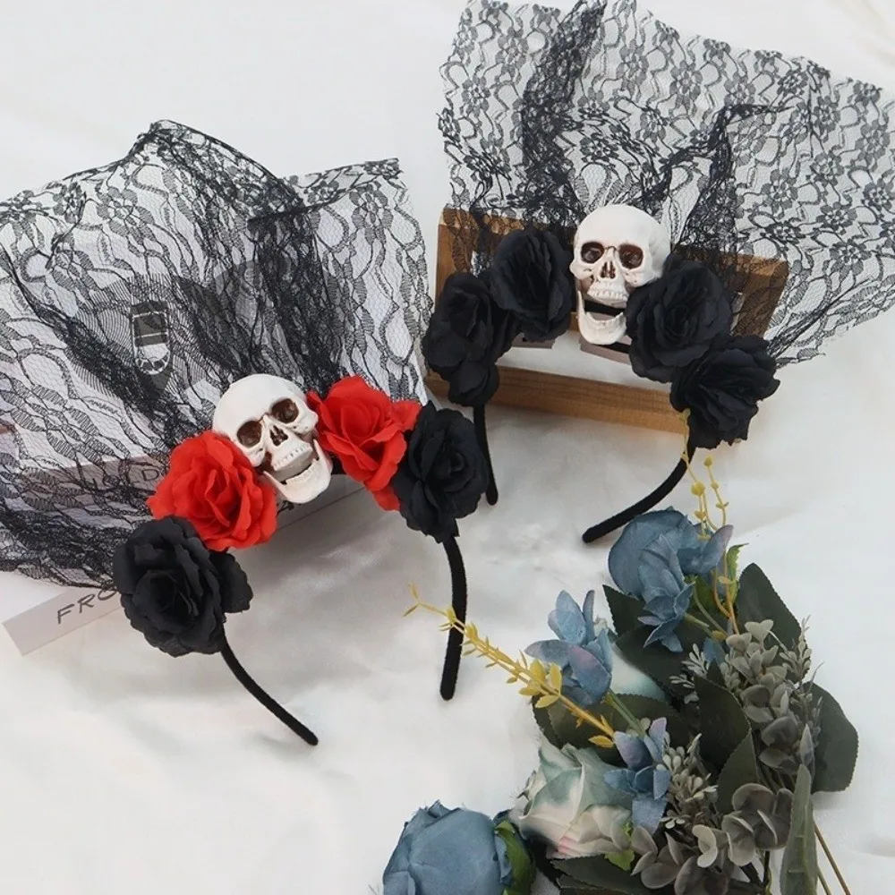 

Cool Black Rose Skull Hair Band Lace Artificial Rose Halloween Headband Garland Gothic Cosplay Headdress Girl