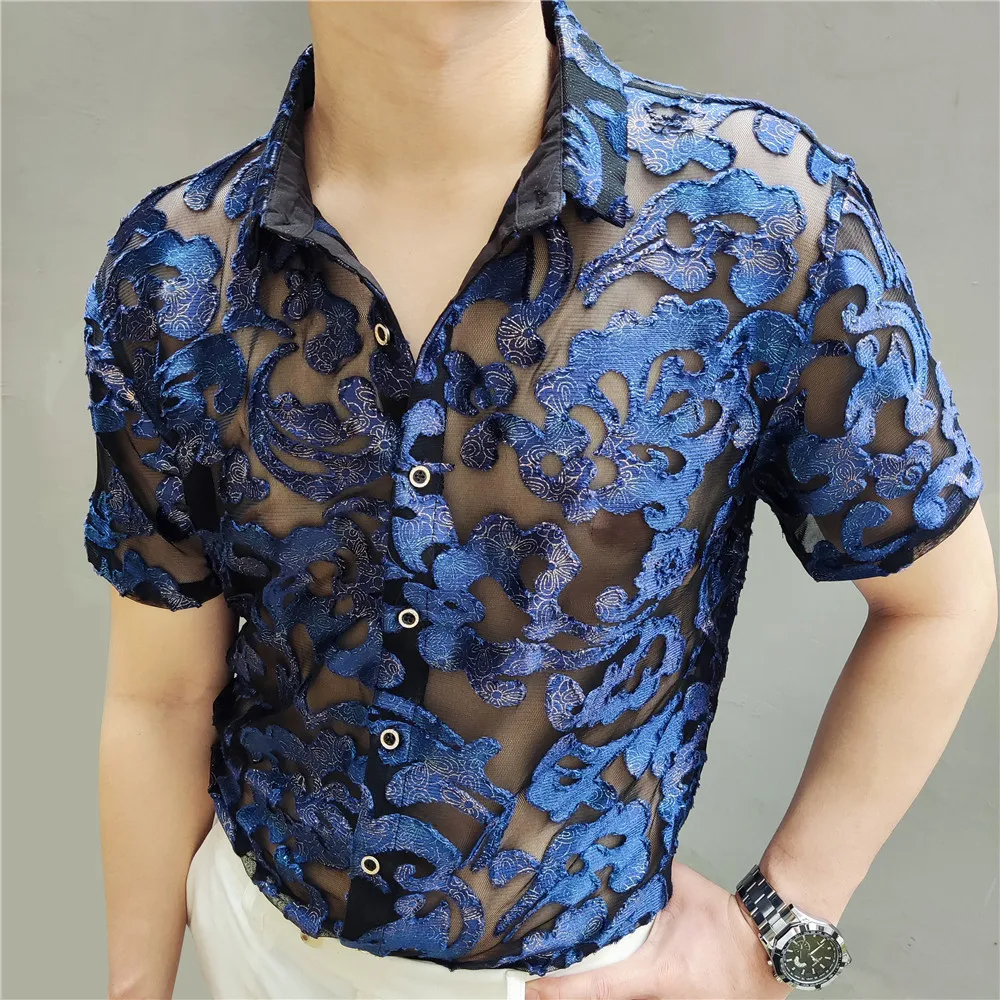 

2022 Luxe Blue Gold Gradient Transparent Shirt Summer Short Sleeve Shirt Flowers Shirt See Through Sexy Shirt Men Chemise Homme