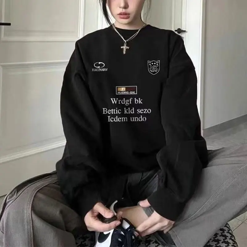 

Female Clothing American Retro Hoodies Casual Round Neck Spring Autumn Letter Printed Long Sleeve Basic Fashionable Sweatshirts
