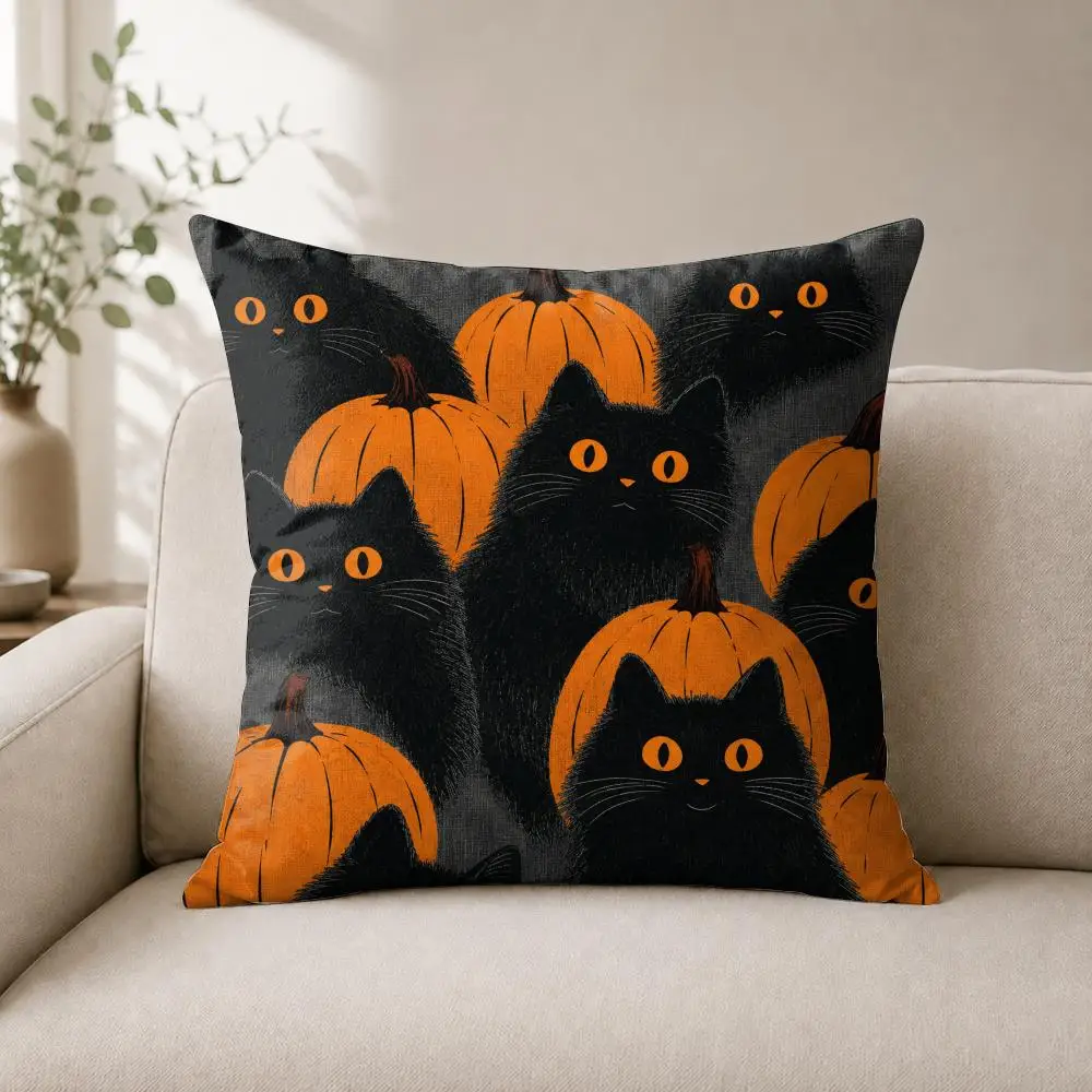 Midnight Pumpkin Cats Cushion Cover Luxury Soft Plush Short Fur Cushion Case Warm Cozy Sofa Bed Decorative Home Accent