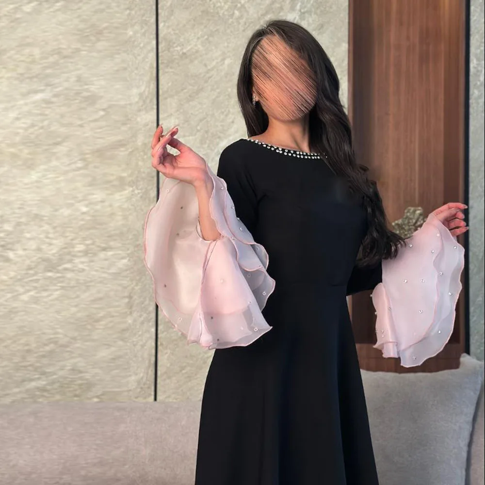 Customized Black Dresses with Pink Trim O Neck Flare Sleeve Formal Prom Dress Ruffles Hem Ankle Length Formal Maxi Dresses