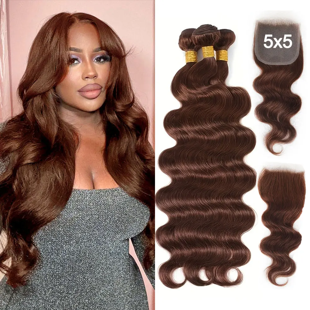 Body Wave 5x5 Closure With Bundles Chocolate Brown Color Human Hair Weave Bundles With Closure Natural Hair Bundles Extensions