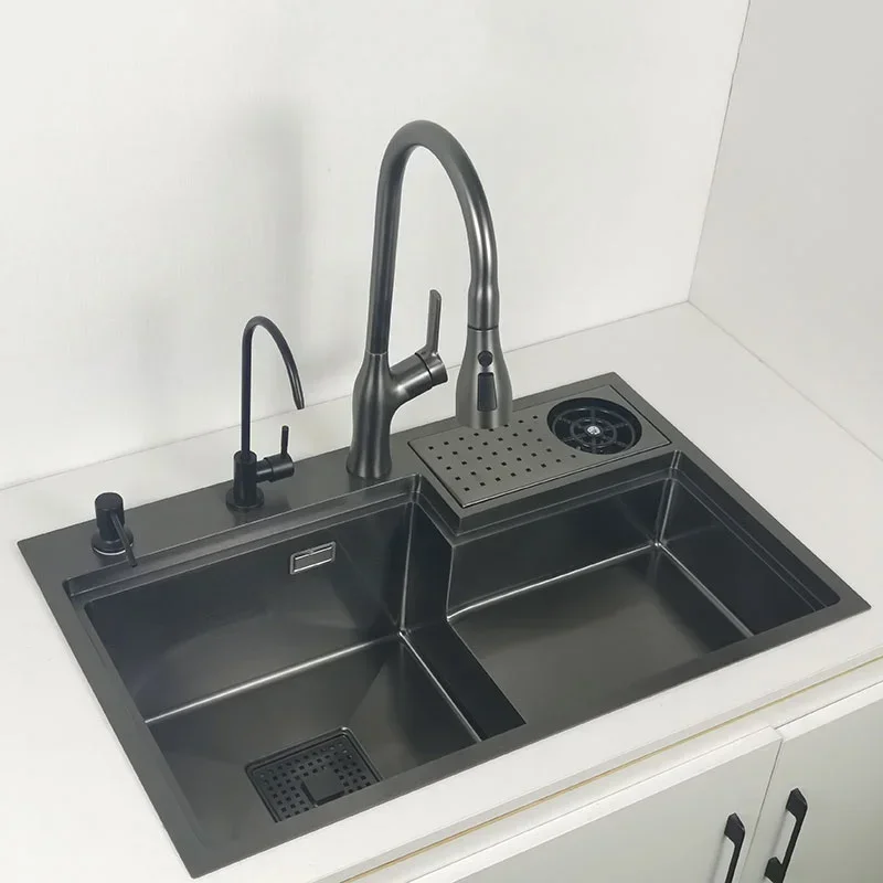 Black 304 Stainless Steel Kitchen Sink with Cup Washer High and Low   Cutting Board Drain Basket Waterfall