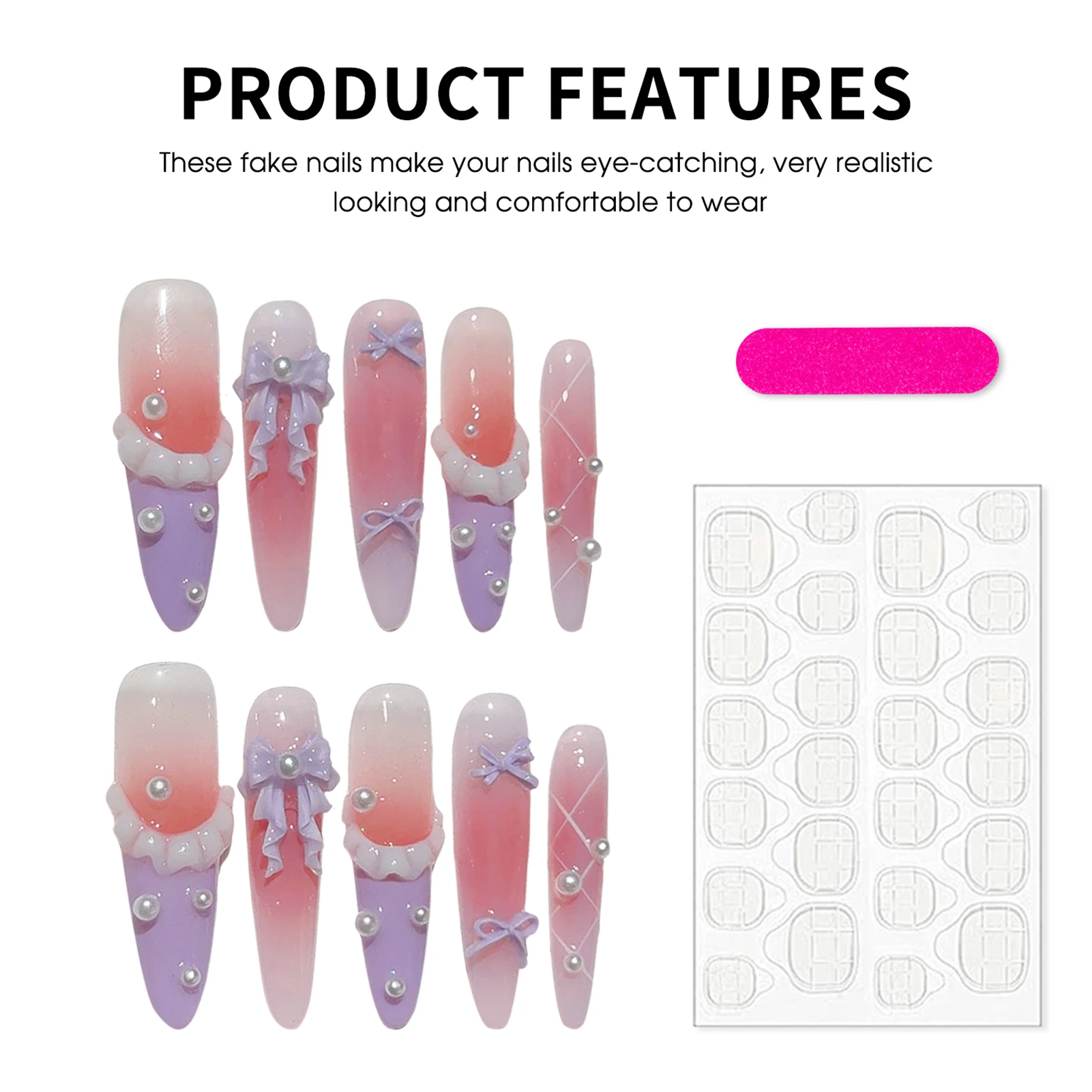 Y2K Blush kunstnagels met strik Handgemaakte lange stiletto doodskist Druk op nagel met parels Roze Paars Frans Valse nagel Draagbaar