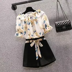 Printing Loose Elegant Shirt Tops Summer New Elastic Waist Solid Color All-match Office Shorts Fashion Vintage Women Clothing