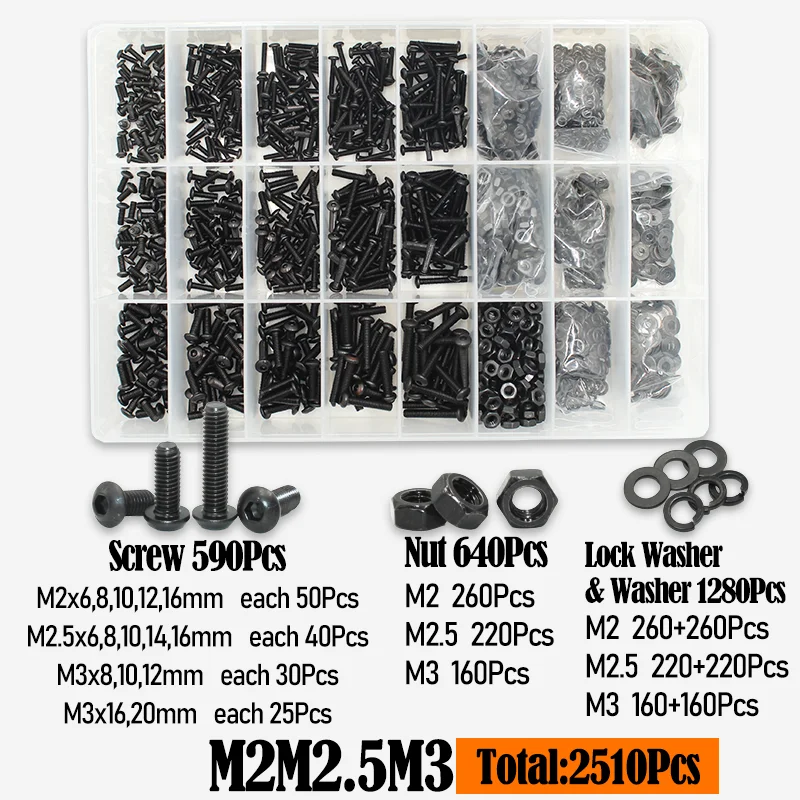 2510-teiliges Rundkopfschrauben-Set M2 M2.5 M3 M4 M5 M6 Schwarz 10.9 Güte Innensechskant-Kopfschrauben Bolzen Muttern Unterlegscheiben ISO7380