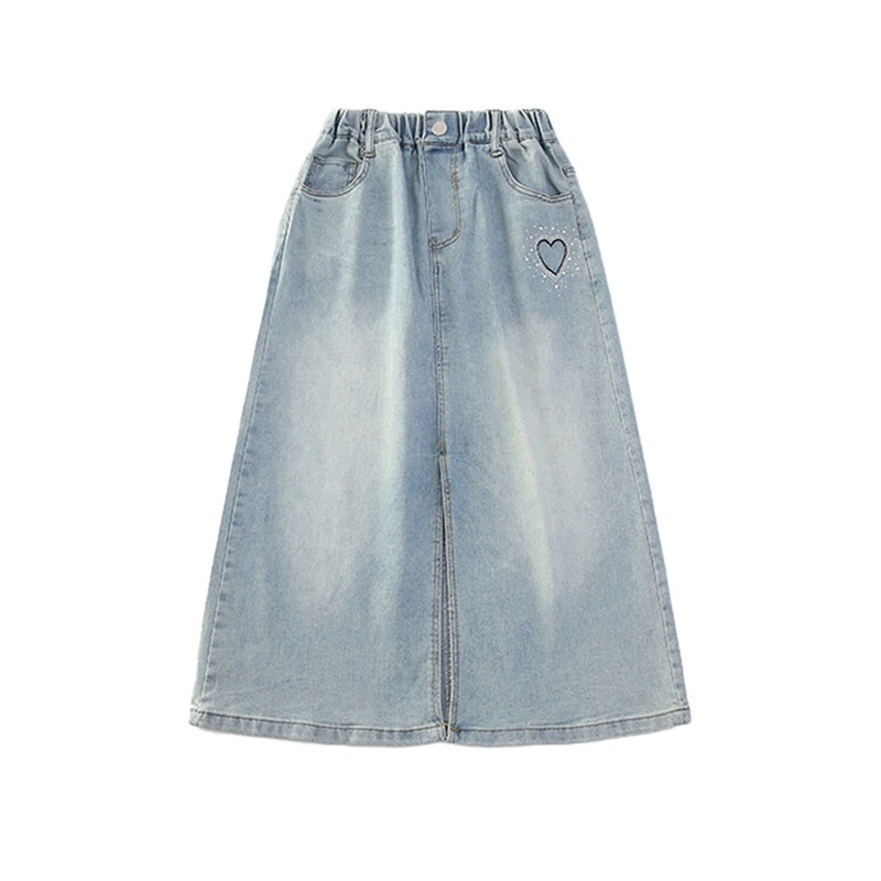 Elegante gonna di jeans lunga con motivo a cuore per bambina con spacco Nuova gonna di jeans casual per bambini con tweens estivi con strass Età 5-14 anni