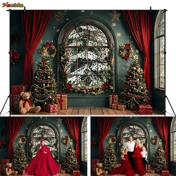 Christmas Window Photography Background Red Curtains Xmas Tree Gifts Toy Bear Green Backdrop Family Kids Winter Photo Studio