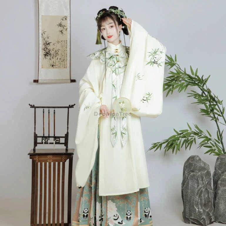 

2024 chinese improved panda element ming dynasty embroidered stand collar shiry cloud shoulder pleated skirt loose hanfu set b78