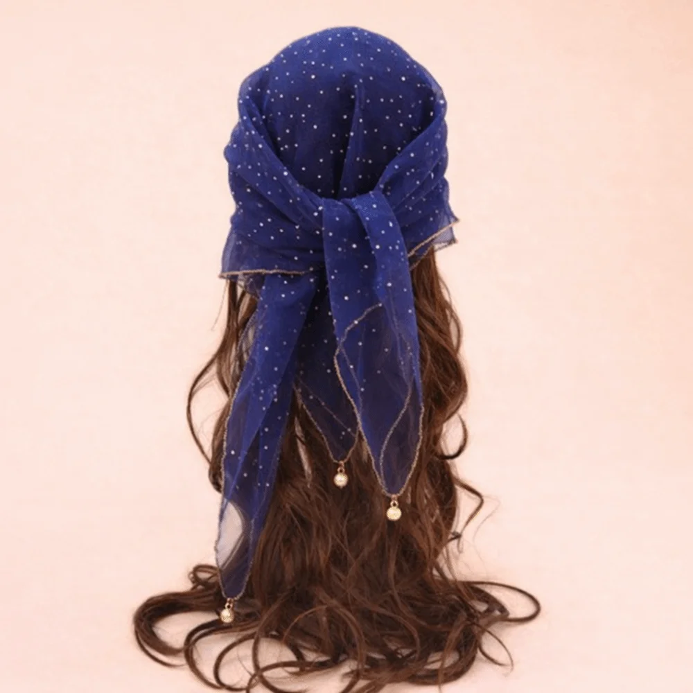 

Pearl Tassel Rhinestone Square Scarf Lace Trim Hair Wrap Full Sky Star Headwrap Solid Color Breathable Fabric