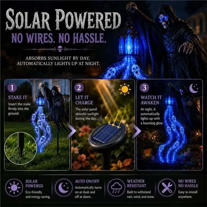 AT69 -Animated Solar Halloween Garden Light For GHOST Lantern With Glowing Effects- Soul Harvesting Light For Outdoor Decoration