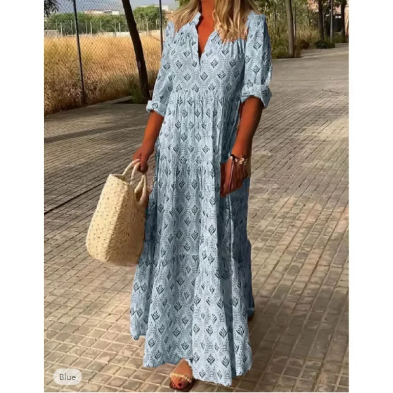 2024 Elegant Print Deep V Neck Dresses Women Spring Autumn Long Sleeve Loose Large Hem Long Gown Female Comfortable Casual Dress