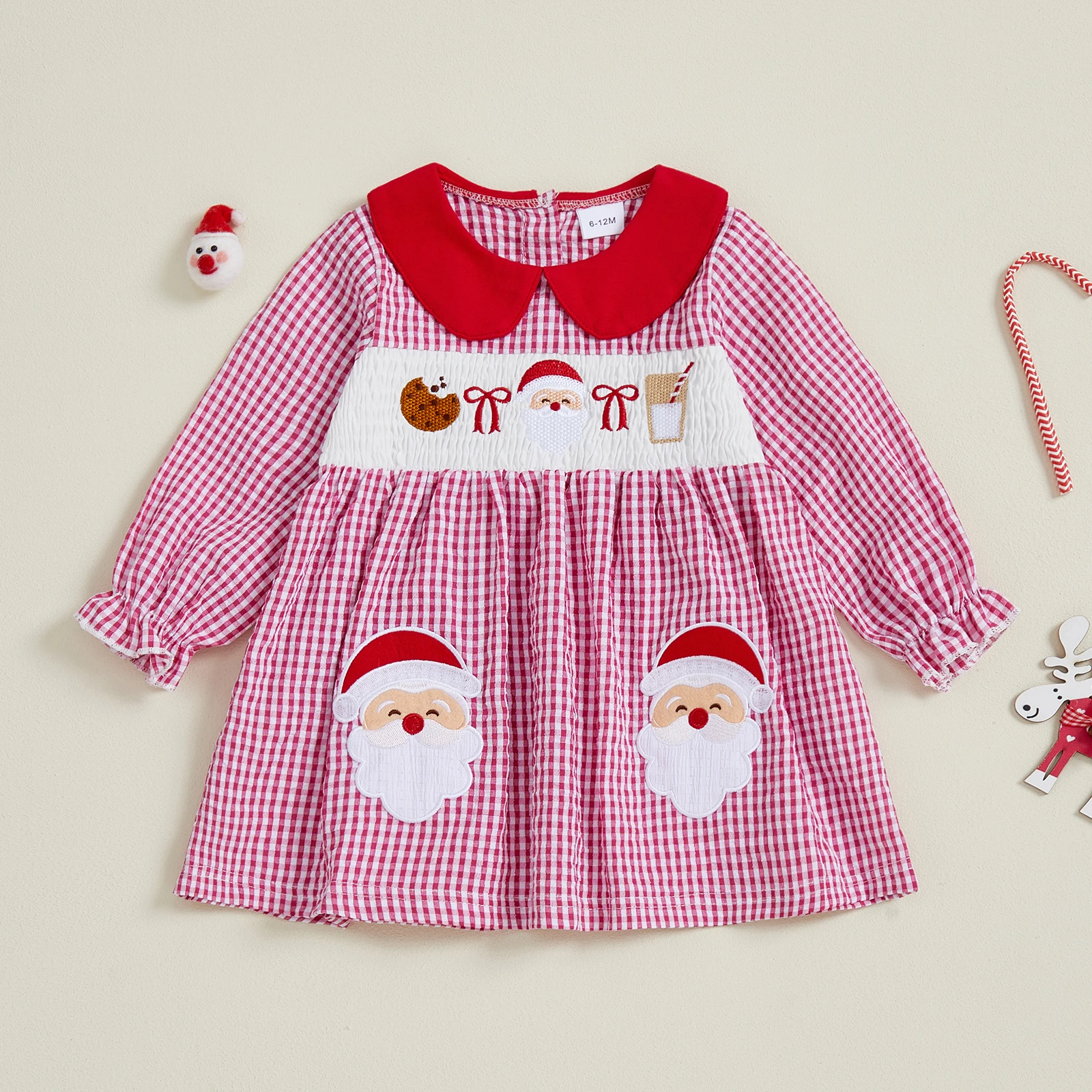 FOCUSNORM 0-5Y فستان جميل للفتيات الصغيرات لعيد الميلاد بياقة دمية سانتا مطرز منقوشة مطبوعة بأكمام طويلة فستان بأكمام فقاعية #5