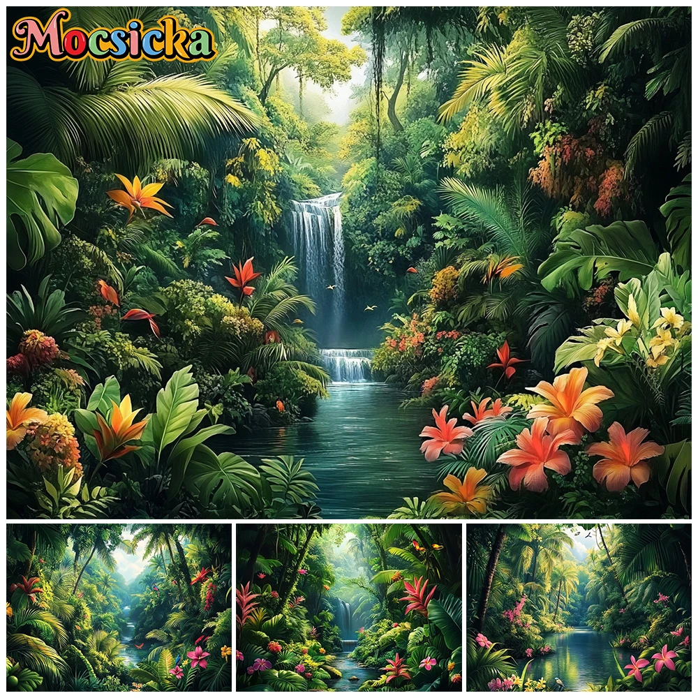 

Mocsicka Summer Photography Backdrop Birthday Shoot Background Tropical Rainforest Green Forest Leaves Decor Photo Studio Banner