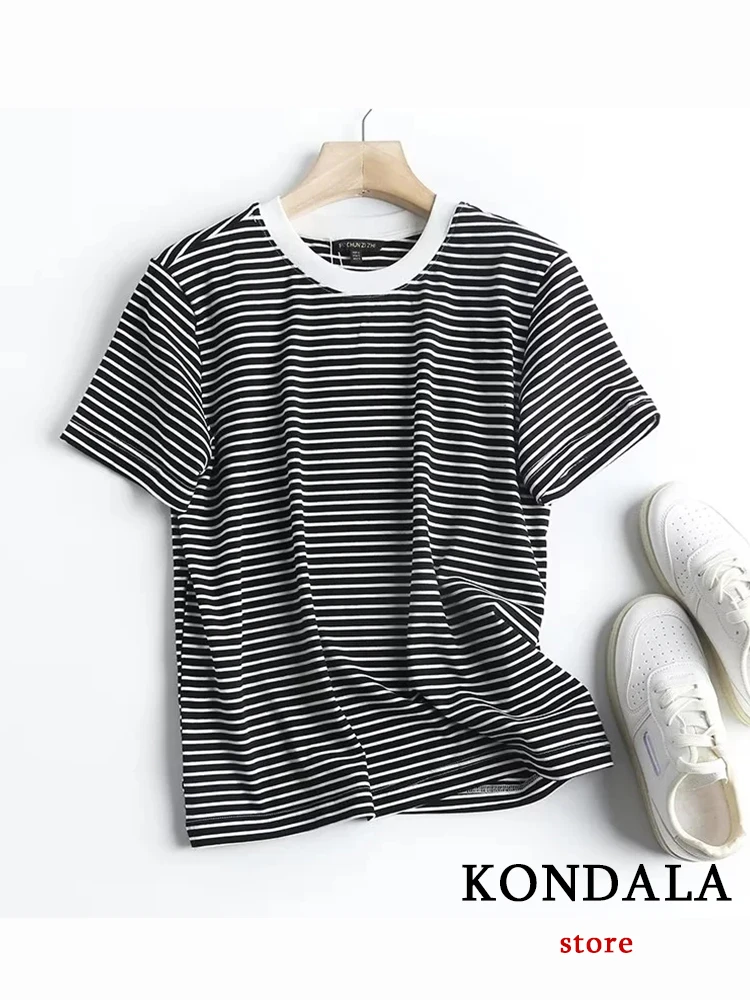 KONDALA Chic Red Striped Casual Short Sleeve Tops Fashion 2023 Summer Classics Sporty O All Match Vintage Neck Cotton T-Shirts