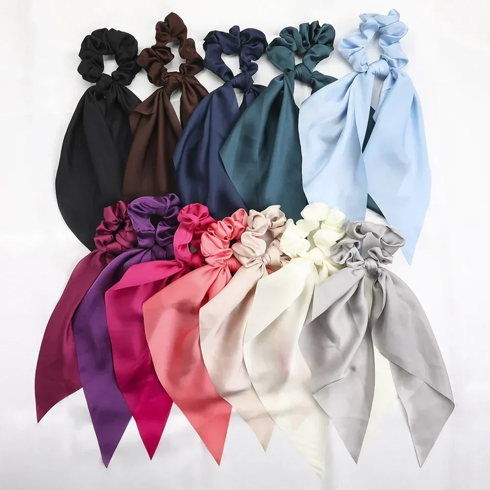 Monocromático Bow Satin Scrunchies para mulheres e meninas, faixas elásticas de cabelo, lenço de rabo de cavalo de fita longa, laço