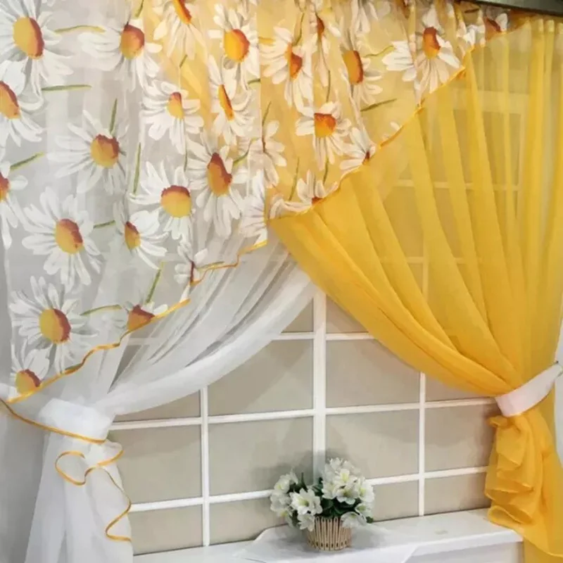 New Design 2PCs Cross Translucent Curtains Peach Blossom Print Triangle Short Curtains for Living Room Doorway Curtains Vintage