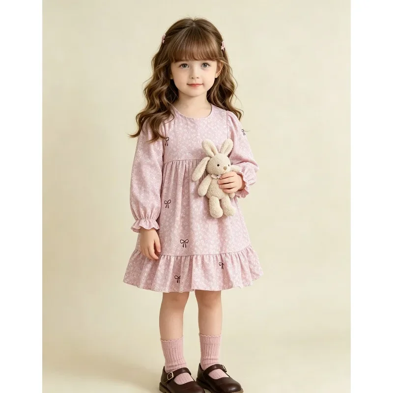 Kinder Mädchenkleid RAISE Herbst Schleife Blumendruck Kinder Mädchen Prinzessinnenkleid Rundhals 2-8 Jahre Mädchen Langarmkleid Haarband – Detail 17