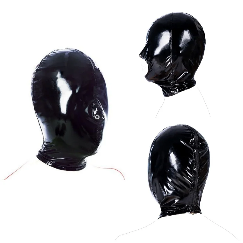 

Мягкий глянцевый сексуальный кожаный капюшон с молнией, маска для косплея, костюмы для взрослых, карнавальный костюм на Хэллоуин, реквизит для сцены