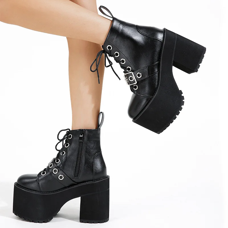 Chunky Heel High Heel Waterproof Platform Boots Women  Winter Ankle Boots Leather PU Side Zip Belt Buckle Design Boots for Women