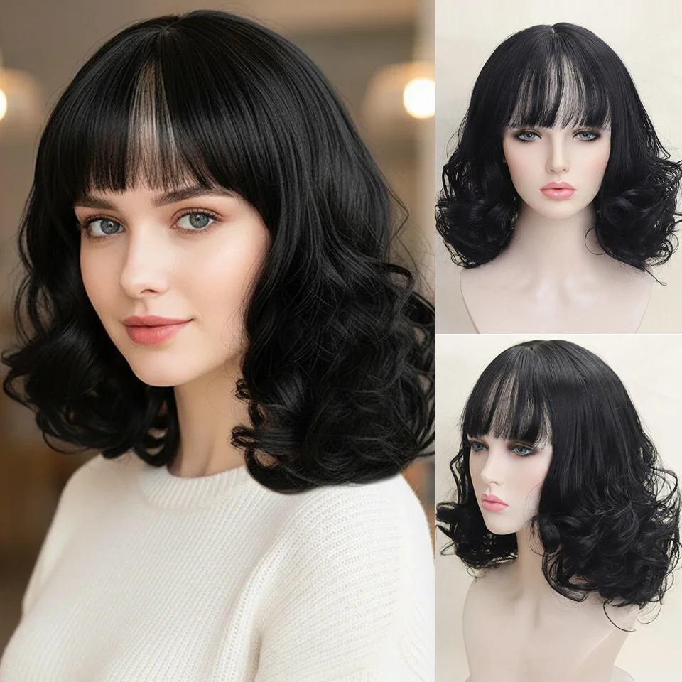Black/Brown Bob Wig for Women Shoulder Length Wavy Curly Heat Resistant Synthetic Hair With Bangs Natural Looking Daily Wig